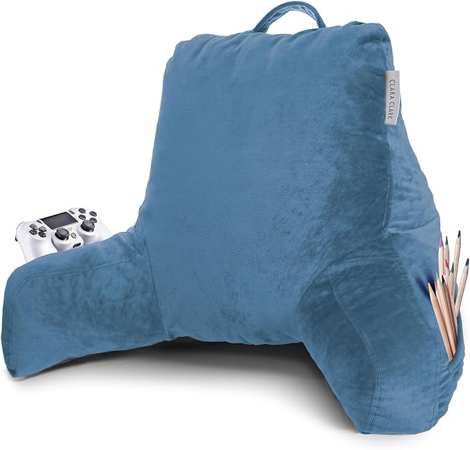 Clara Clark Reading Pillow with Shredded Memory Foam for Sitting Up in Bed and Couch, Back and Arms Adjustable Support for Adults & Teens Backrest Pillows for Reading, with Washable Cover Blue Heaven