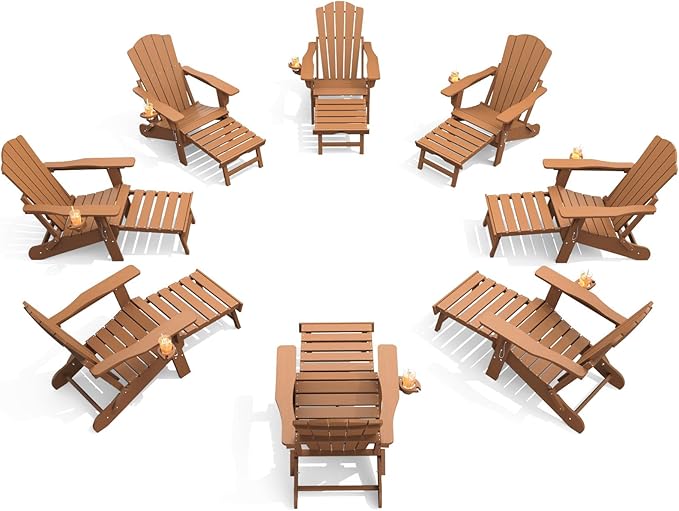 THOEOE Adjustable Adirondack Chair with Retractable Ottoman, HDEP Folding Adirondack Chairs with Footrest 2-in-1 Cup Holder, All Weather Outoor Fire Pit Chair with Foot Rest Set 8 Wood