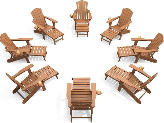 THOEOE Adjustable Adirondack Chair with Retractable Ottoman, HDEP Folding Adirondack Chairs with Footrest 2-in-1 Cup Holder, All Weather Outoor Fire Pit Chair with Foot Rest Set 8 Wood