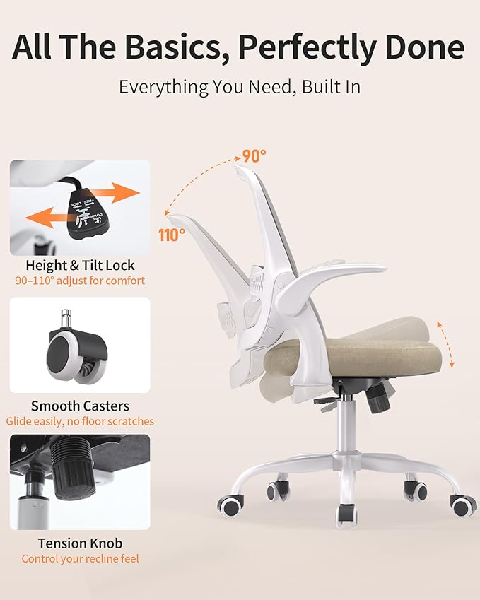 Ergonomic Mesh Office Chair with Flip-Up Arms, Adjustable Height, Breathable Mesh Back & Thick Cushion Seat, 360° Swivel Rolling Computer Desk Chair, BIFMA Certified, Supports 300 lbs (Beige)