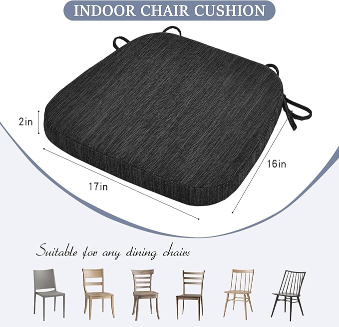 baibu Kitchen Chair Cushions Set of 2, Dual-Layer Patented Design Memory Foam Dining Chair Pads with Ties and Washable Cover, 2 Pack, 17" x 16" x 2", Black