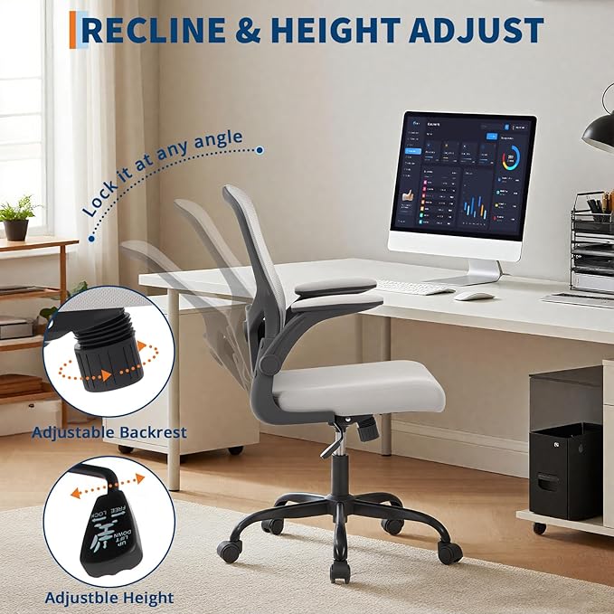 Premium Ergonomic High-Grey Mesh Office Chair - Adjustable Height, Flip-Up Armrests & Lumbar Support - Comfy Swivel Seat for Home, Gaming & Work - Black Net