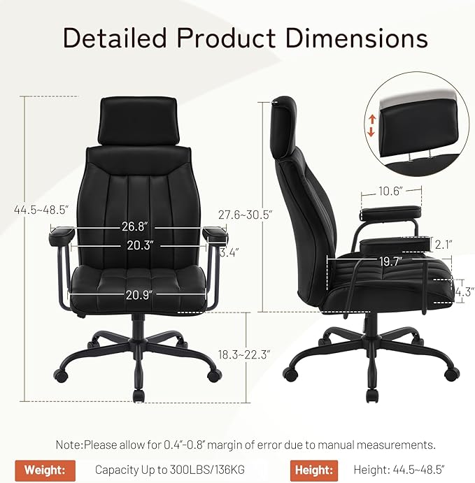 Furniliving Leather Office Chair with Adjustable Headrest, Mid-Century Modern High-Back Office Desk Chair, Ergonomic Computer Chair with Wheels, Armrests, Lumbar Support, Black