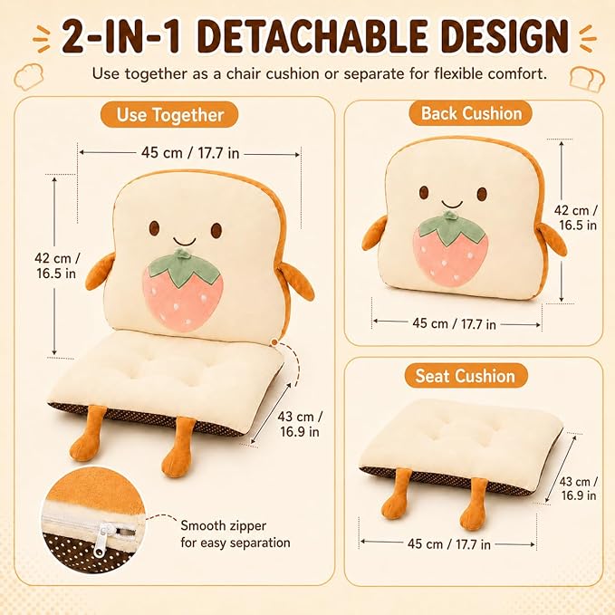 ChezMax Chair Cushion Plush Detachable Seat Back Cushion with Ties Thickened Chair Pads Toast Cartoon Waist Pillow for Outdoor Car Office Patio Bedroom Living Room Strawberry