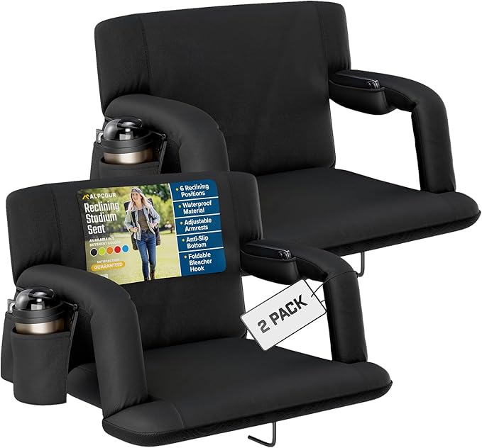 Alpcour Reclining Stadium Seat – Wide Bleacher Chair with Back Support and Cushion, Armrests, Side Pockets, and Bleachers Hook – Best Stadium Seats Chairs for Camping, Kayak, & Paddle Board Backs
