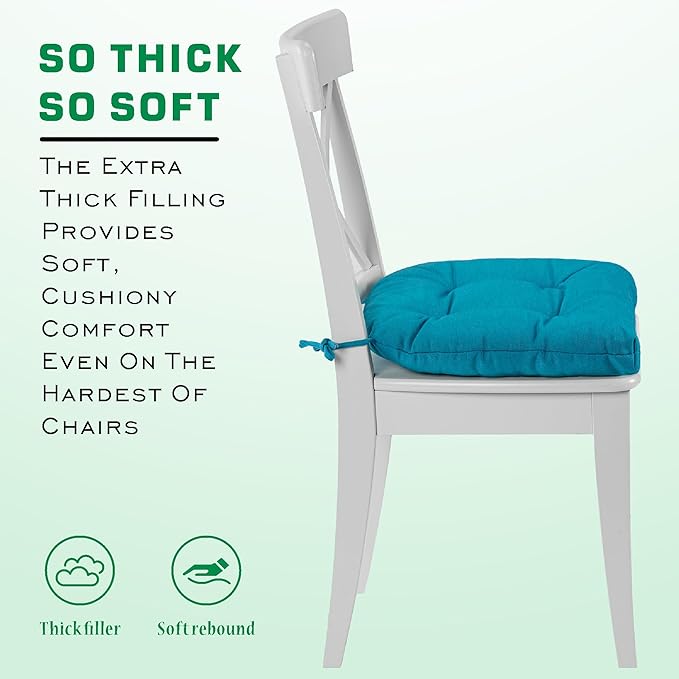 SQUARE MOON Chair Cushions for Dining Chairs, 3 Inch Thick Comfortable Kitchen Chair Pads, Dining Room Seat Cushions with Ties, Machine Washable, 17" x 16" x 3", 4/Pack, Lake Blue
