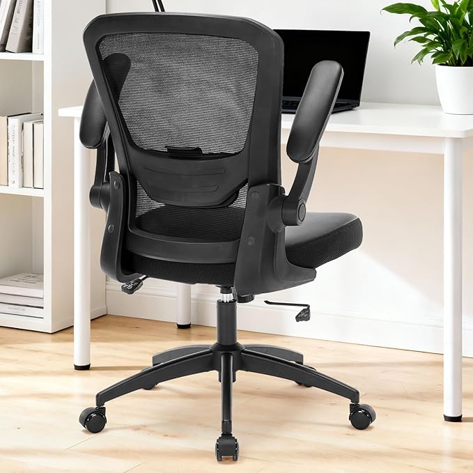 Ergonomic Office Chair Adjustable PU Leather Computer Chair with Lumbar Support,Flip-Up Arms, Breathable Mesh Back, Swivel Rolling Executive Desk Chair for Home Office, Black