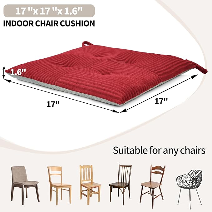 Office Stacking Chair Cushion with Ties, Corduroy High Density Foam Non-Slip Kitchen Seat Cushion, Square 17" x 17" Indoor Dining Chair Pads, Red, 1 PCS