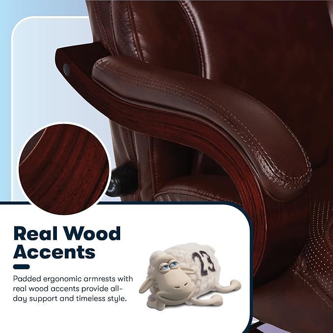 Serta Conway Big & Tall Executive Office Chair, Ergonomic High-Back with Adjustable Lumbar, Semi Plush Cushion and Body Pillows, Padded Armrests, Wooden Swivel Base, Bonded Leather, Chestnut Brown