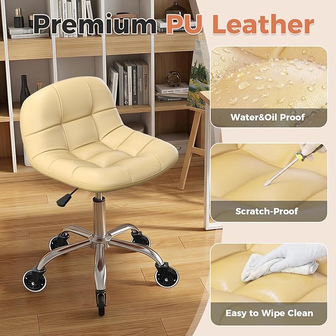 Rolling Stool Chair with Wheels, Height Adjustable Stool with Back Support, Office Drafting Chair with PU Leather Cushion for Home Office Kitchen Vanity Salon Garage Tattoo Dentist Esthetician(White)