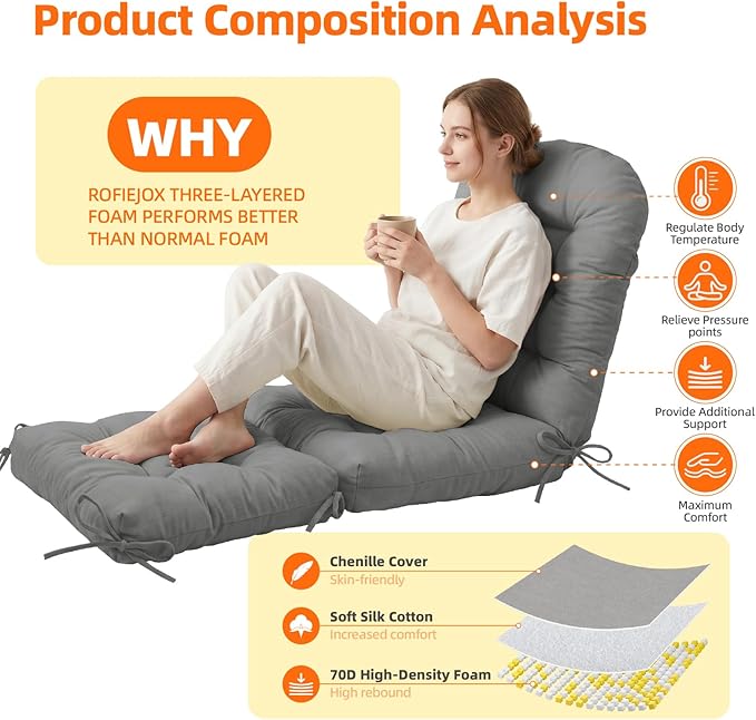 Adirondack Chair Cushion Set - Soft Chenille 2-Piece Seat & Ottoman Pad, Tufted Non-Slip Design, High-Density Foam Nursery Glider Cushions, All-Season Indoor/Outdoor Rocker Comfort,Light Grey