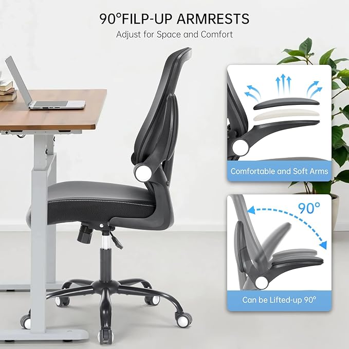 Office Chair, Ergonomic Desk Chair with Adjustable Lumbar Support Breathable Mesh Computer Swivel Chair with Flip up Armrests & PU Leather Cushion, Comfy Task Chair for Home Office, Black