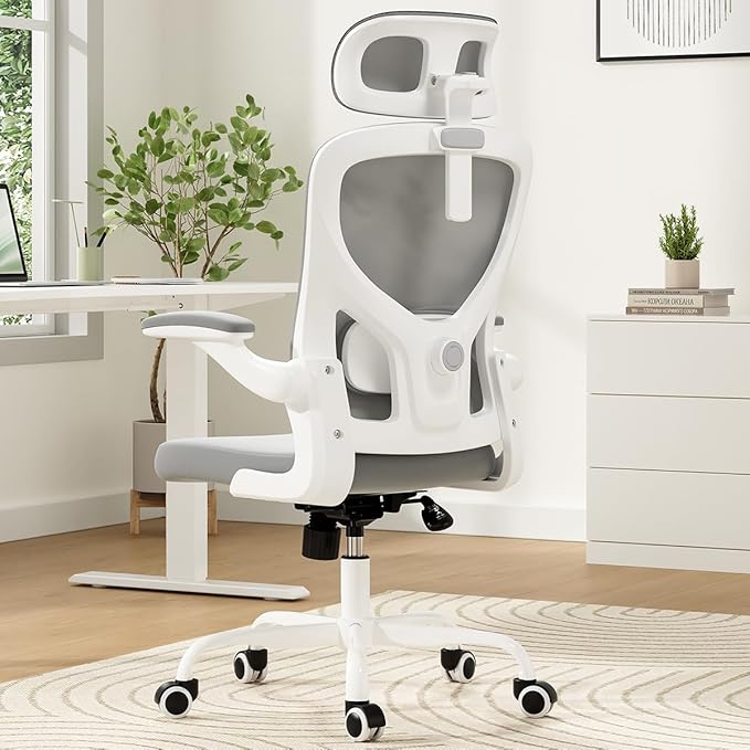 JOSHEN Breathable Mesh Elegance Office Chair, Modern Refined Office Chair with Adjustable Lumbar & Headrest, Minimalist Single Sofa Chairs for Home Office & Study, Gray,White
