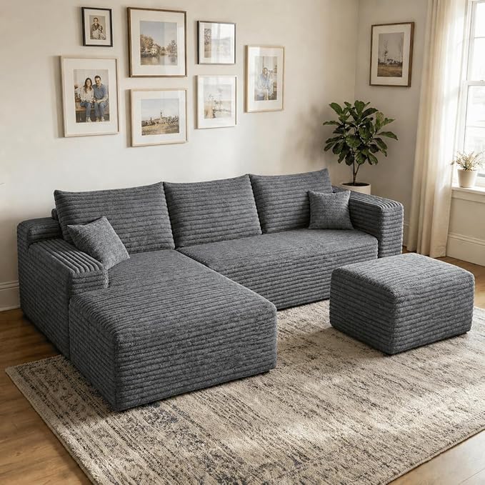 94" Darkgrey Fluffy Couch with Ottoman for Living Room, Corduroy No Bones Sectional Couch,Compressed Memory Foam Cloud Sofa,No Assembly Required,Left Facing Chaise,Darkgrey
