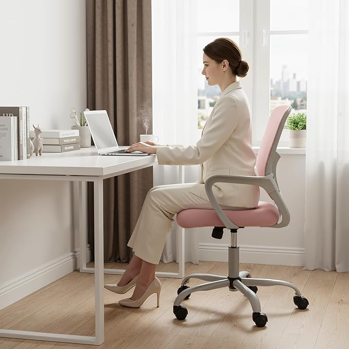 DUMOS Home Office Computer Chair - Ergonomic Mid Back Desk with Lumbar Support and Rocking Mode, Height Adjustable with Fixed Armrest, for Conference Meeting Room, 360° Swivel, Adults, Pink