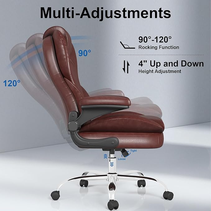 Office Chair, Home Desk Chair, Ergonomic Computer Chair with Lumbar Support, Executive Leather Chair with Flip-Up Armrests, Big and Tall Swivel Rolling Chair, Brown