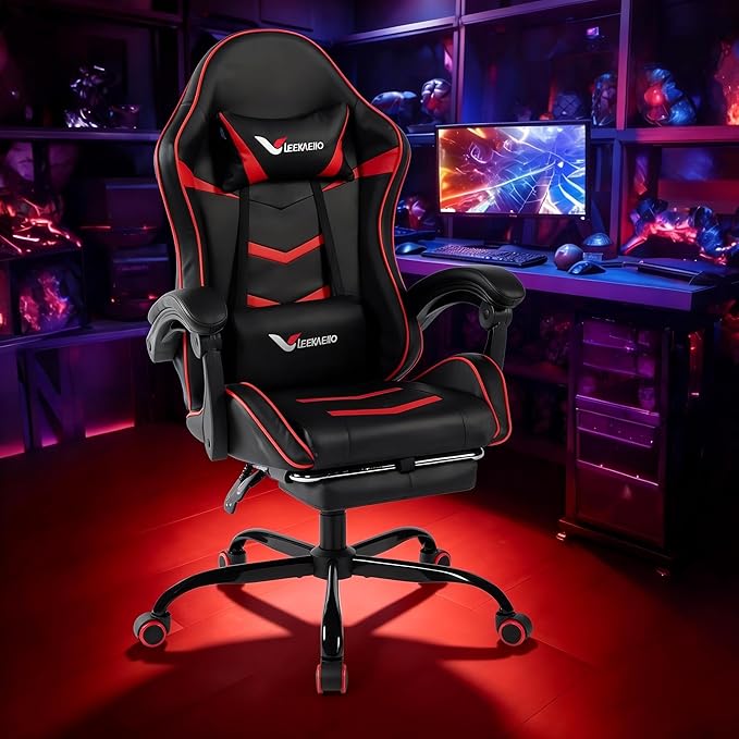 Gaming Chair for Adults, Ergonomic Gamer Chair with Footrest, Spring Pocket Cushion, Computer Office Desk Reclining Chair with Enlarged Metal Base, Linkage Armrests, Lumbar & Headrest (Red)
