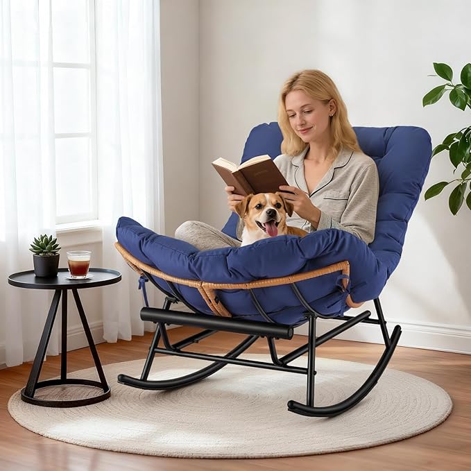 Jojoka Oversized Papasan Rocking Chair with Detachable Foot Rest, PE Rattan Rocker with Thick Removable Cushion, Metal Frame Lounge Chair for Indoor Outdoor Patio Garden Porch Living Room