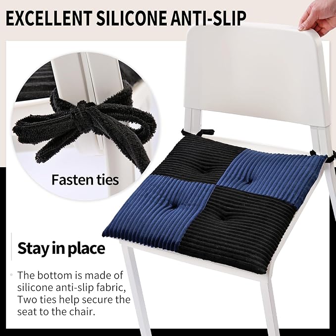 Office Stacking Chair Cushion with Ties, Corduroy High Density Foam Non-Slip Kitchen Seat Cushion, Square 17" x 17" Indoor Dining Chair Pads, Black+ Navy, 1 PCS