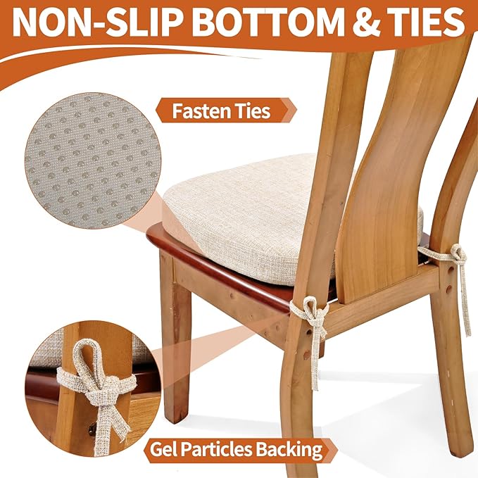 SINOSSO Chair Cushions for Dining Chairs, Soft Blended 2.5" High Density Support Foam Kitchen Seat Cushions with Ties, U-Shaped Non-Slip Indoor Chair Pads, 16.5" x 16", 4 PCS, Beige