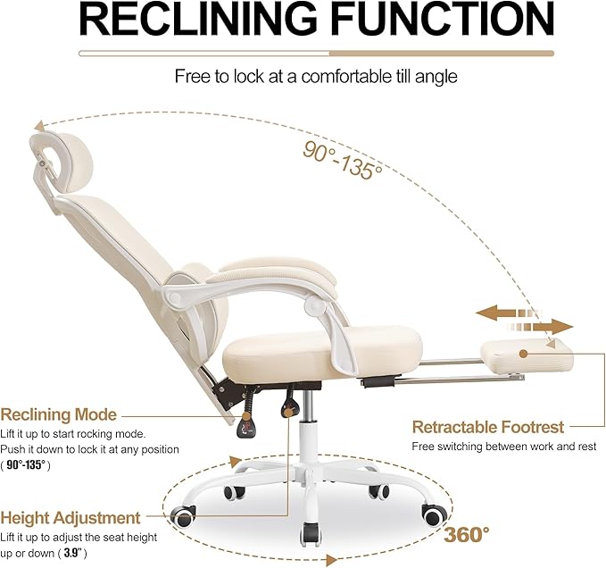Mesh Ergonomic Office Chair with Footrest,90-135 Comfy Reclining Chairs,Home Office Desk Chair with Adjustable Lumbar Support & Headrest, High Back Computer Chair (Beige)