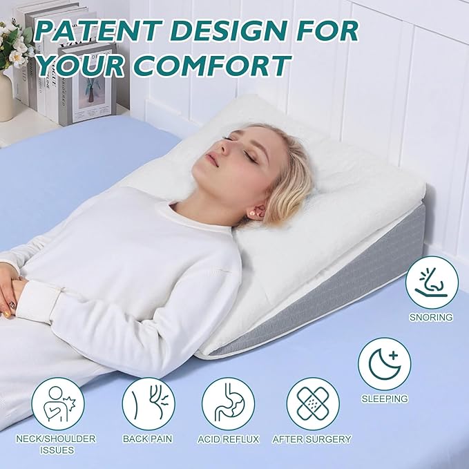 Bed Wedge Pillow for Sleep Apnea 7.5Inch Gerd Pillow Patent Dual Layer Triangle Pillow Adjustable Shredded Memory Foam Topper Soft Support Ideal for Acid Reflux, After Surgery, Snoring