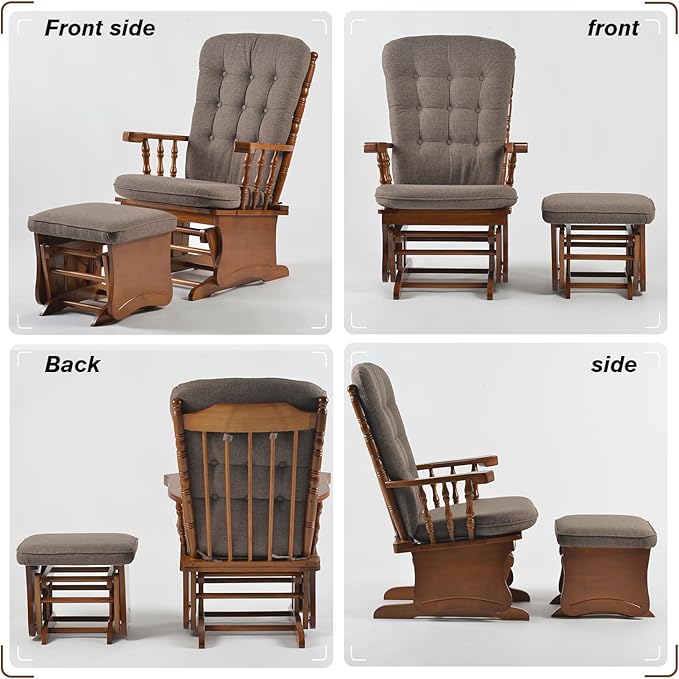 Anti-Pinch Solid Wood Hand Glider Rocking Chair Set with Ottoman, Padded Cushion, Rustic Rubber Wood Nursery Glider for Nursing, Relaxing, Living Room, Bedroom, Oak Colored