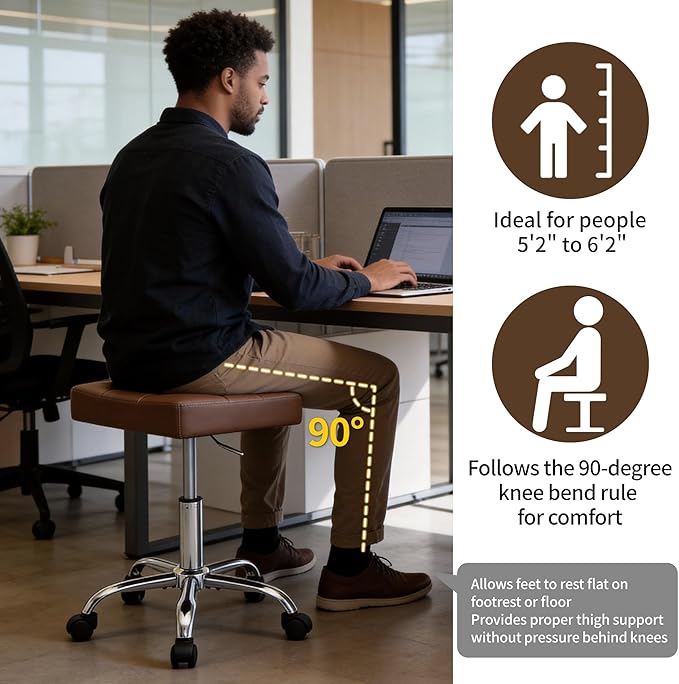 FIRAVOE Ergonomic Desk Stool with Wheels (Adjustable Height 17"-21") (300lbs Capacity) Faux Leather Office Stool (Coffee Brown)