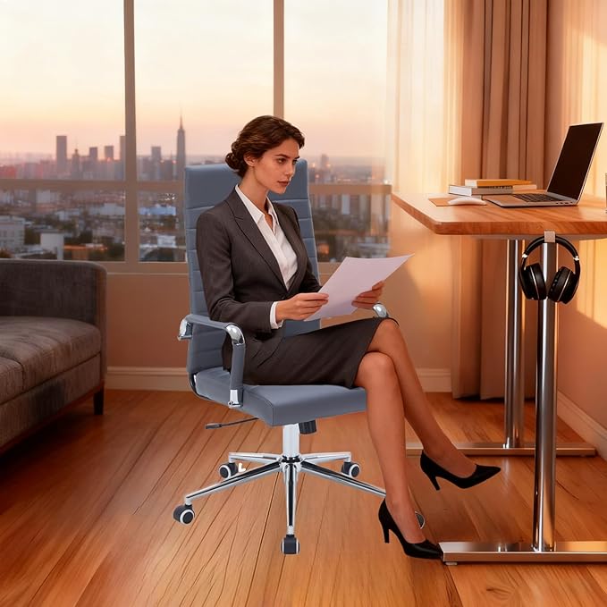 Grey Leather Ribbed Office Desk Chair, Ergonomic High-Back Executive Conference Room Chairs with Wheels, Adjustable Swivel Computer Task Chair with Arms and Thick Padded Seat