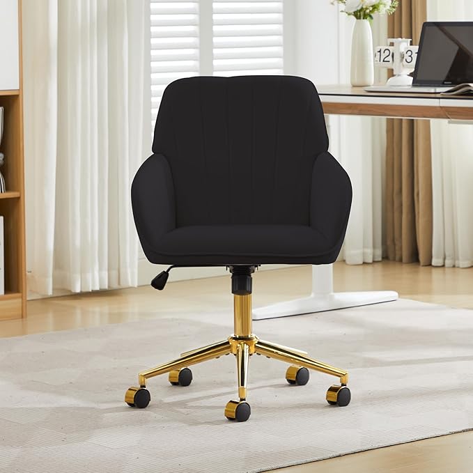 Velvet Home Office Desk Chair, Modern Cute Computer Task Chair with Back, Height Adjustable Upholstered Vanity Chair with Swivel Wheels for Women, Girls (Gold Base, Black