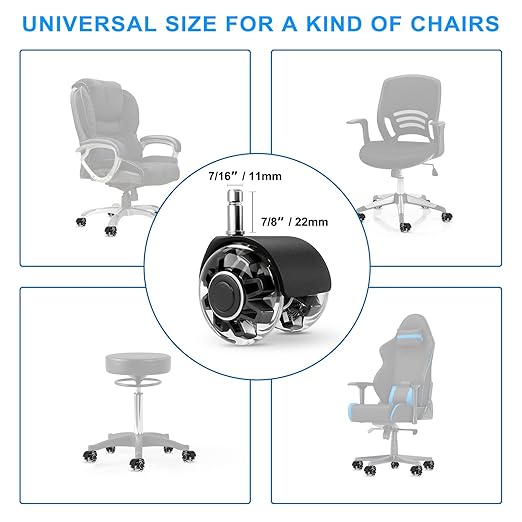 Office Chair Caster Wheels (Set of 5),Heavy-Duty Chair Wheels Support 2200lbs,Mute Rubber Chair Casters for Hardwood Floors and Carpet,2 Inch Universal Fit (Black)