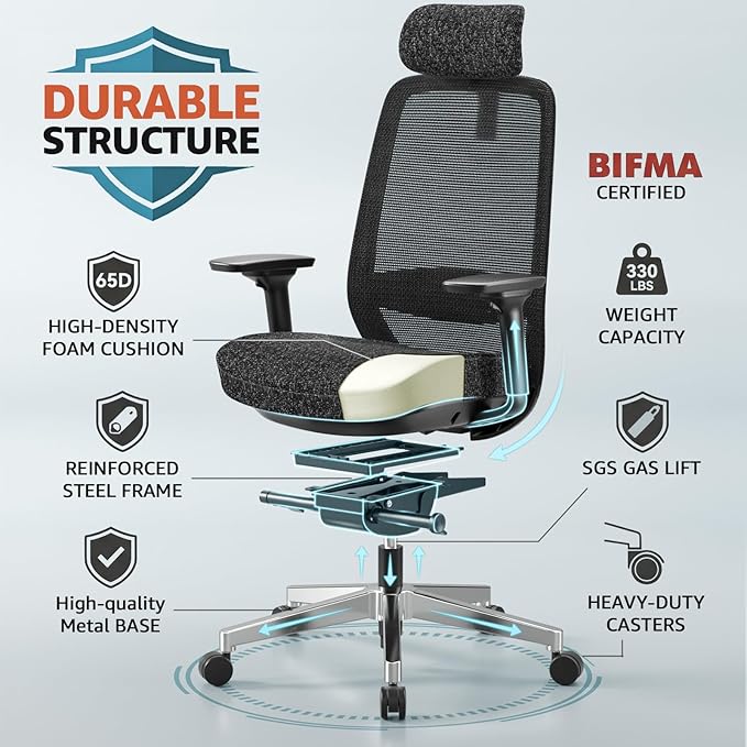 ErgoSift M2 Office Chair Ergonomic Desk Chair High-Back Mesh Desk Chair with Adjustable Lumbar Support and Headrest 4D Armrests for Long Hours Sitting Black