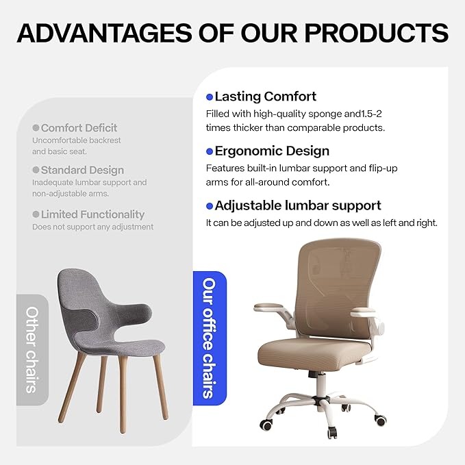 Office Chair, Ergonomic Desk Chair with Adjustable Lumbar Support Flip-up Arms,Comfortable Swivel Mesh Back Computer Chair Executive Task Chair for Home Office Use (Khaki)