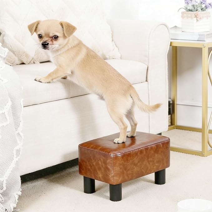 Joveco Small Footstool Ottoman PU Leather Footrest Modern Rectangular Foot Stool with Non-Skid Legs Pets Step Stool for Couch Dog Living Room Bedroom (Light Brown)