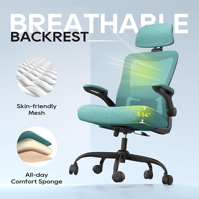 Office Chair, Ergonomic Mesh Desk Chair with Adjustable Lumbar Support and Headrest, Flip-up Armrests, High Back Computer Task Chair for Home and Executive Office (B-All Green)