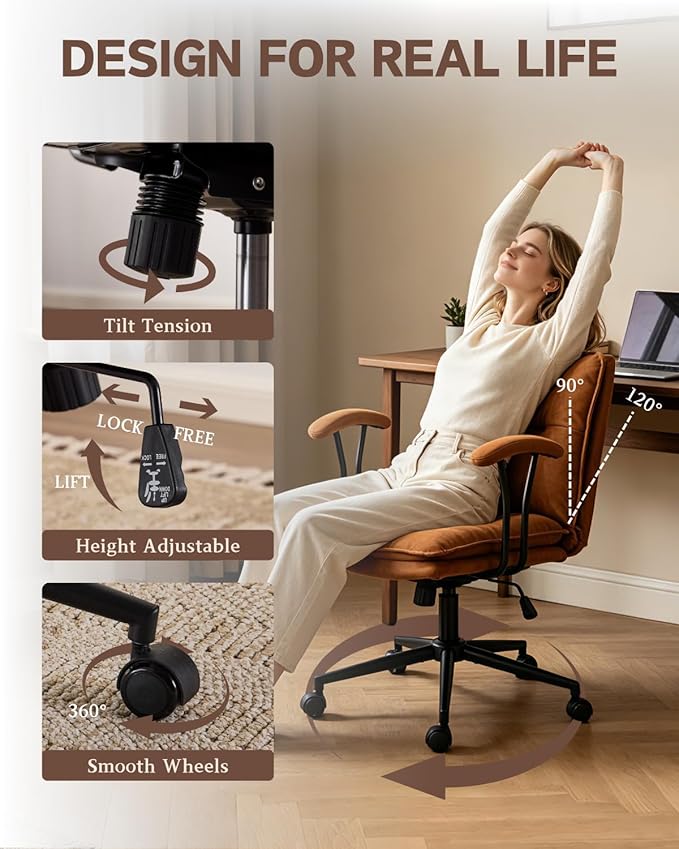 Karl home Faux Leather Office Chair with Removable Armrests, Adjustable Height & 360° Swivel, Tufted Thick Cushion Computer Desk Chair with Lumbar Support for Living Room, Vanity, Brown