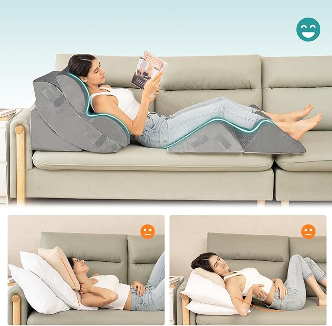 Hansleep Bed Wedge Pillow Set for After Surgery 6PCS, Post Surgery Pillow for Sleep Apnea and Acid Reflux Relief, Adjustable Reading Pillows Back Support with Memory Foam, Grey, 23"