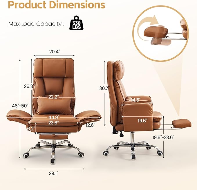 Big and Tall Office Chair, Cloud Reclining Office Chair with Footrest & Flip Armrest for Pets, Executive Ergonomic Criss Cross Desk Chair, Swivel Computer Gaming Chair with Lumber Pillow, PU Brown