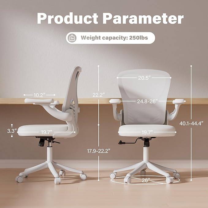 GYI Ergonomic Office Chair, Mesh Desk Chair with Adjustable Lumbar Support and 3D Flip-up Arms, Computer Chair with Wheels, All White
