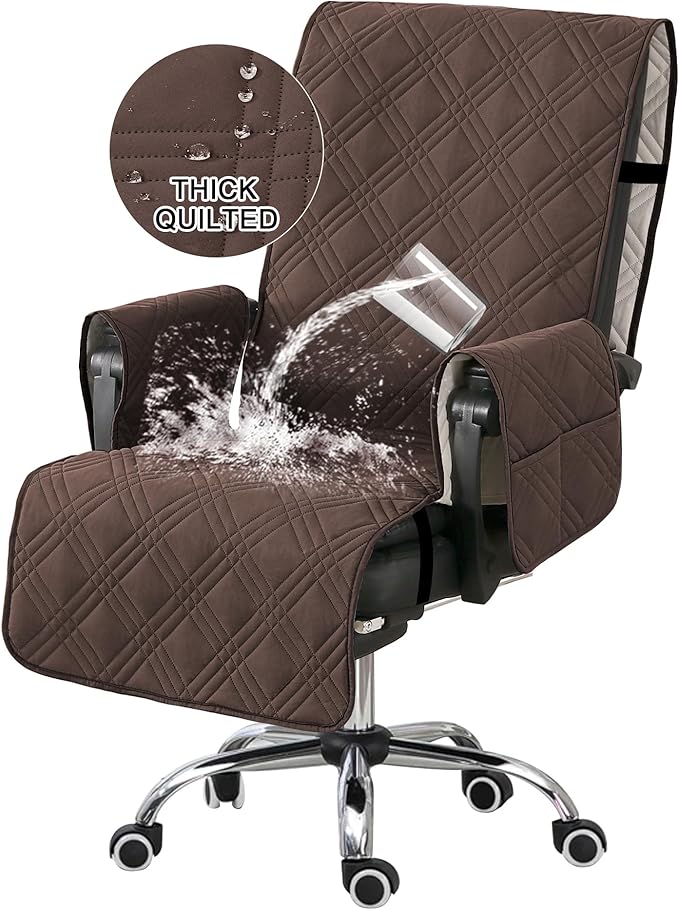 Turquoize Waterproof Office Chair Cover with Armrest Covers Computer Desk Chair Cover Office Chair Protector with Arms Office Chair Seat Cover Slipcover with Anti-Slip Buckle for Home Office, Brown