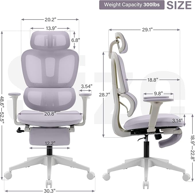 Ergonomic Office Chair with Footrest, 90-135° Reclining High Back Desk Chair with Lumbar Support, 2D Headrest, 2D Armrests, Computer Chair for Long Hours, Purple