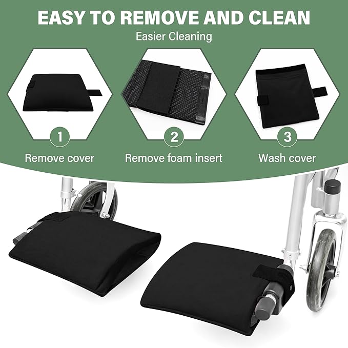 SPRING SEAON Wheelchair Footrest Covers, 1 Pair Soft Plush Foot Rest Pads with Non-Slip Backing, Removable Foam Insert, Hook-and-Loop Closure, Fits Most Standard Wheelchairs (Black)