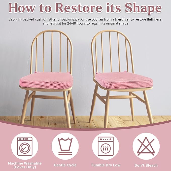 4 Pack Pink Chair Cushions with Ties Removable Covers, D-Shape Dining Kitchen Chair Seat Pads Non Slip 17"x16"