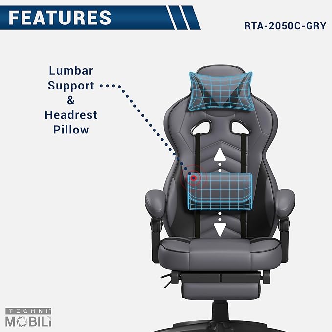 Executive Office or Gaming Chair with Footrest, Padded PU Leather Office Chair with 150-Degree Recline, Lumbar Support & Headrest Pillow, Grey