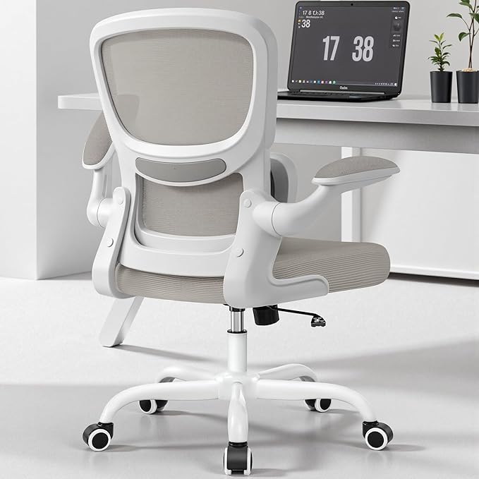BESTFAIR Office Chair Ergonomic Desk Chair, Breathable Mesh Comfy Chair with Lumbar Support, Computer Chair, Home Desk Chair with Flip-up Armrests, Gaming Chair for Adults Home Office (LightGray)