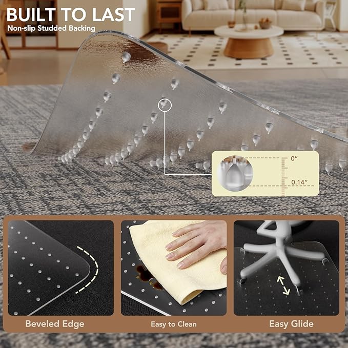 Office Chair Mat for Low Pile Carpet with Lip, 48" x 60" Clear Plastic Floor Protector, Heavy Duty Desk Chair Mat for Rolling Chairs, Smooth Glide Computer Mat for Home Office