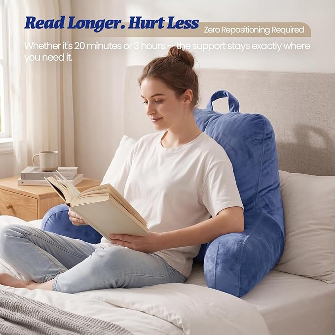 ACH Reading Pillow with Arms for Adults - Adjustable Memory Foam Bed Rest Pillow, Lumbar & Neck Back Support, Soft Velvet Cover Machine Washable, Deep Side Pocket & Carry Handle, Blue