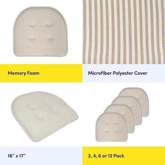 Sweet Home Collection Chair Cushion Memory Foam Pads Tufted Slip Non Skid Rubber Back U-Shaped 17" x 16" Seat Cover, 2 Count (Pack of 1), Pinstripe Taupe