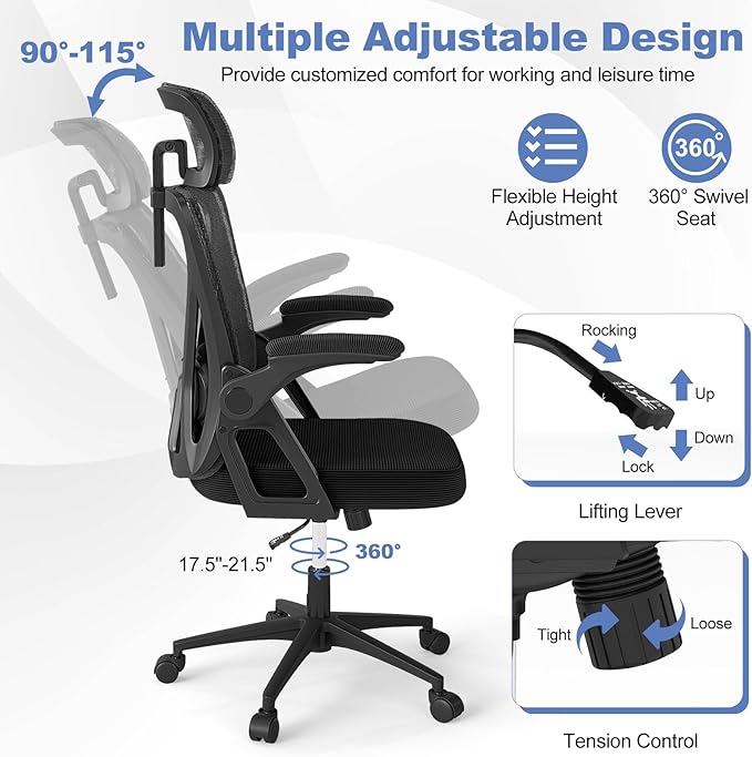 Giantex Ergonomic Mesh Office Chair, Computer Chiar with 2D Headrest, Flip-up Padded Arms & Rocking Function, High Back Desk Chairs for Home, Black
