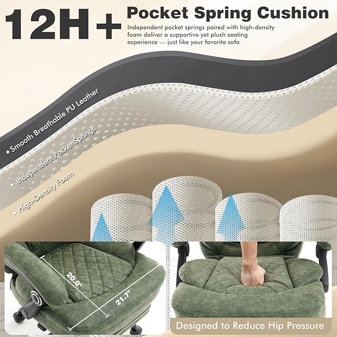 400lbs Ergonomic Reclining Office Chair with Footrest, Plus Size Big Tall Leather Recliner Office Desk Chairs with Foot Leg Rest, Green